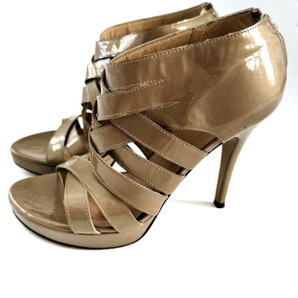 Stuart Weitzman Shoes - Stuart Weitzman patent leather tan cross cross strappy high heels size 7.5